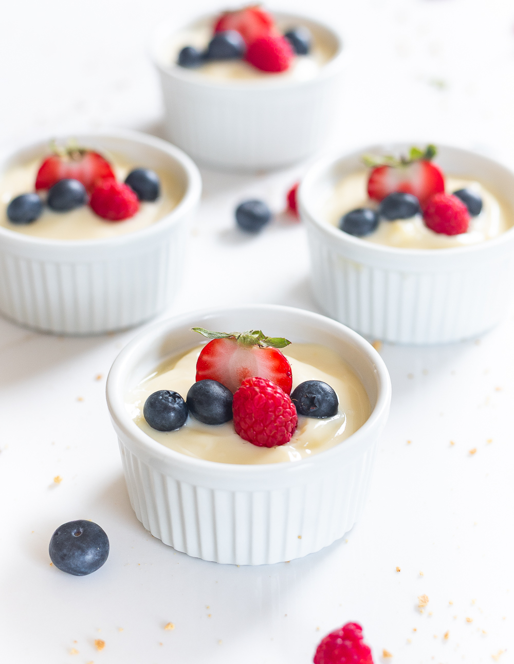 Fourth of July Dessert Ideas. Red, White, Blue Dessert for 4th of July, Memorial Day, Labor Day. Cheesecake pudding and Mixed Berries. Mini Cheesecake Desserts. Ramekin Dessert for One.