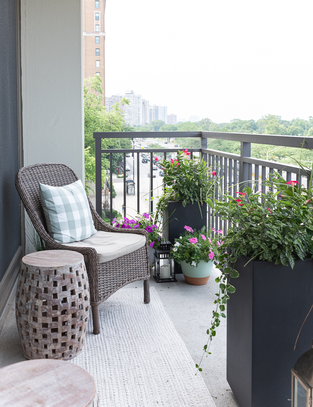 Balcony Container Garden. City Balcony Decorating Ideas. Condo Balcony Decor. Colorful Balcony Ideas with Containers. Chicago Balcony on Lake Shore Drive.