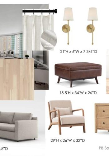Neutral Living Room Design Ideas. Gray couch, white walls, wood, gold sconces, wood floors