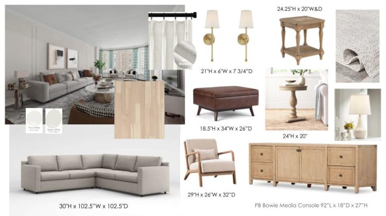 Neutral Living Room Design Ideas. Gray couch, white walls, wood, gold sconces, wood floors