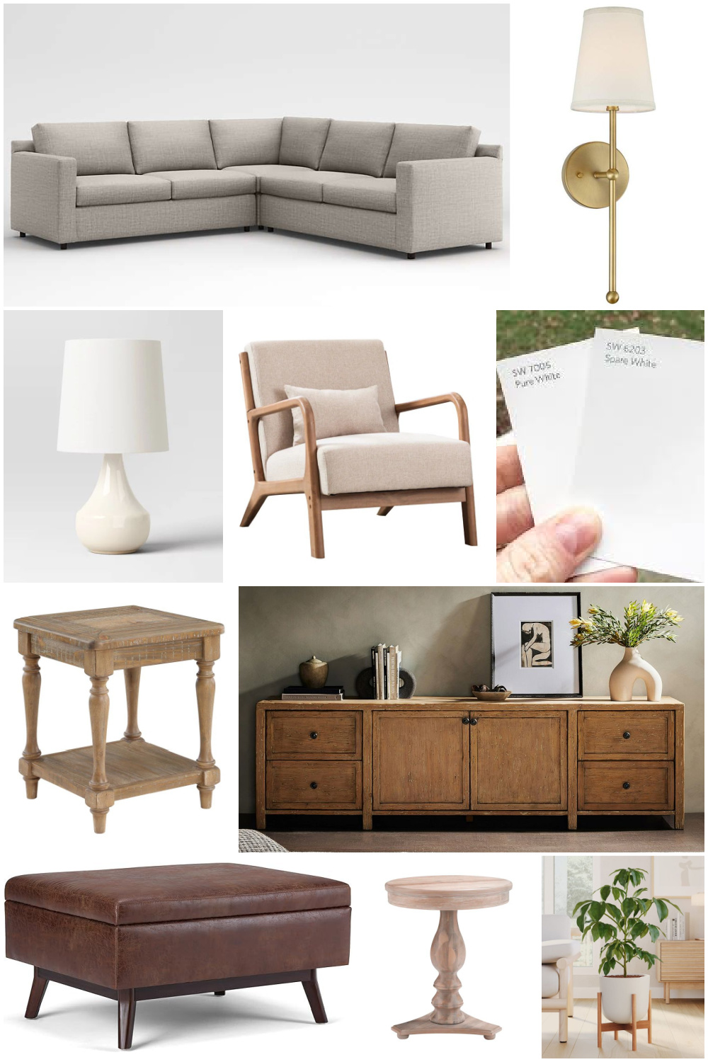 Fall Living Room in Rust, Brown, Mustard, Black, Gray, Neutral. Mustard PIllow. Faux Leather Ottomon from Amazon. Crate & Barrel Barrett Sectional Sofa. Pottery Barn TV Console. Wayfair Side Tables in Light Wood. Vintage Cow Print on Canvas.