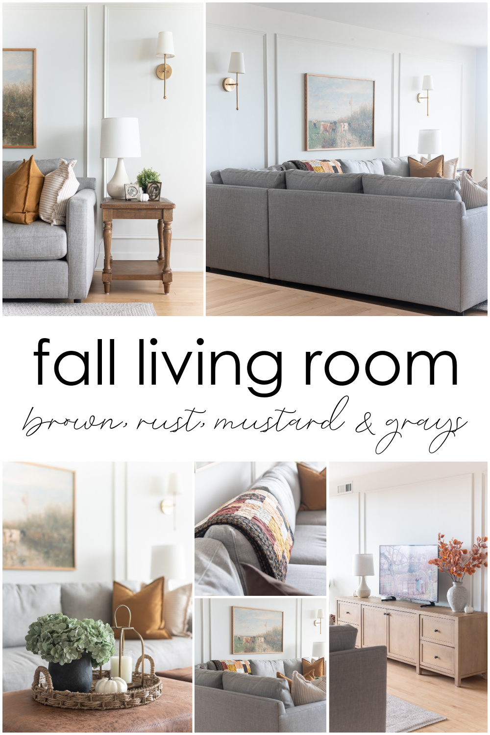 Fall Living Room in Rust, Brown, Mustard, Black, Gray, Neutral. Mustard PIllow. Faux Leather Ottomon from Amazon. Crate & Barrel Barrett Sectional Sofa. Pottery Barn TV Console. Wayfair Side Tables in Light Wood. Vintage Cow Print on Canvas.