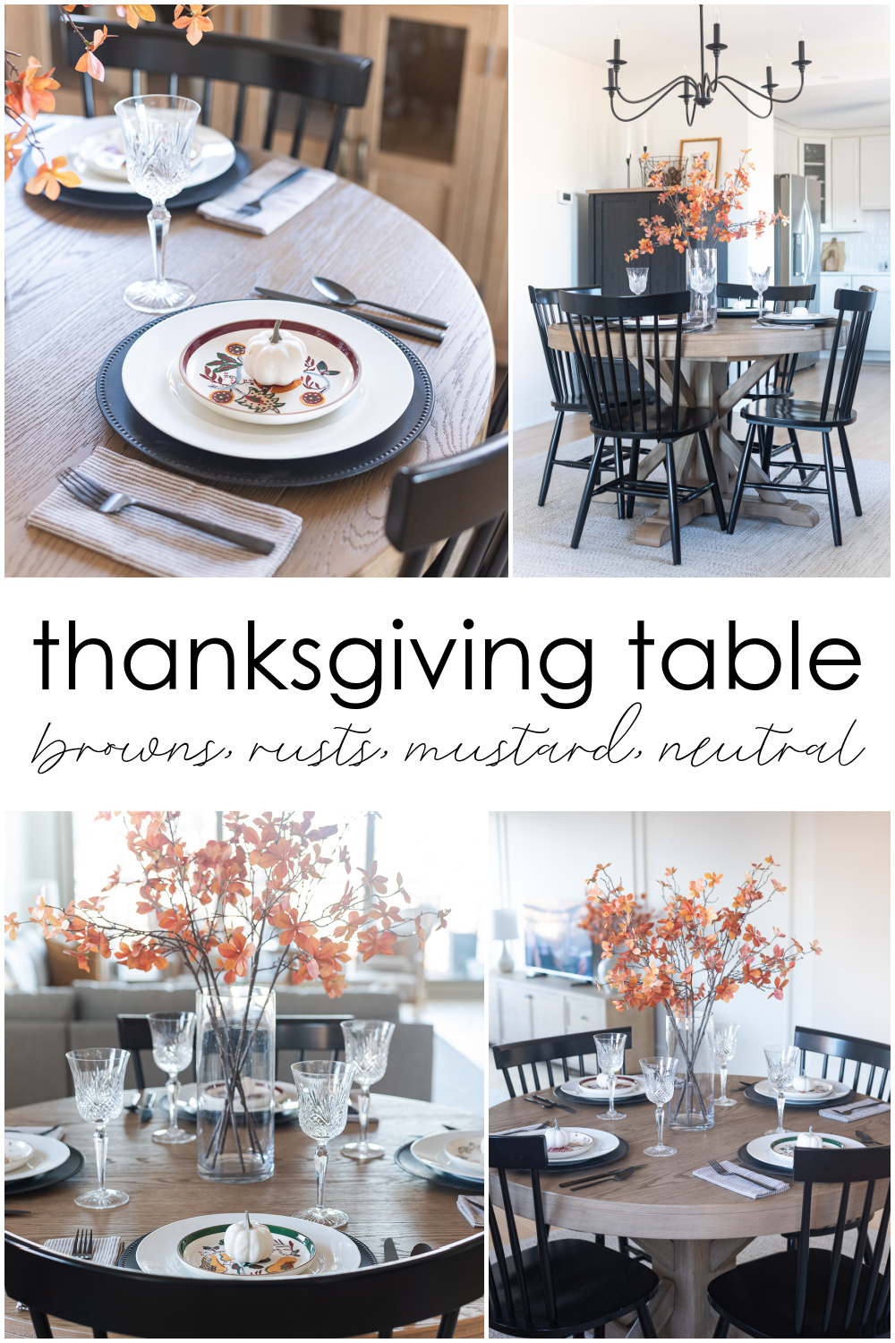 Thanksgiving Table Setting Ideas in Browns, Rusts, Oranges. White pumpkin table settings. Brown and cream ticking cloth napkins. Black flatware. Target decorative plates for fall. Fall Table Setting Ideas. Simple Fall Table. Pottery Barn Round Table Extendable. Wrought Iron Chandelier for Dining Room.
