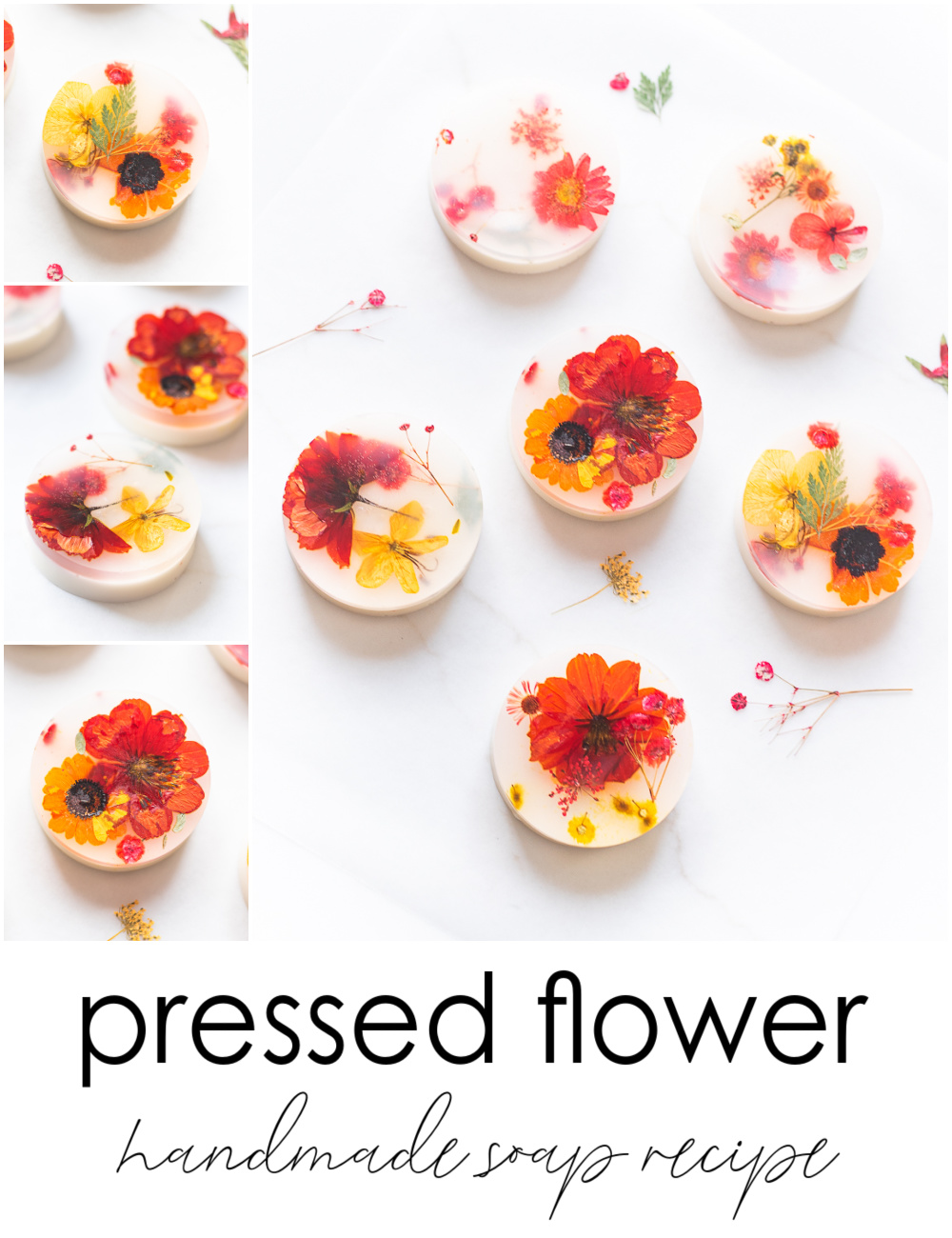 Homemade Pressed Flower Soap Recipe. How to Make Homemade Soap. Pressed Flower Crafts. Dried Flower Craft Ideas. Soap DIY with Pour and Melt Soap. Homemade Gift Ideas. Christmas Soap Ideas. Homemade Holiday Soap.