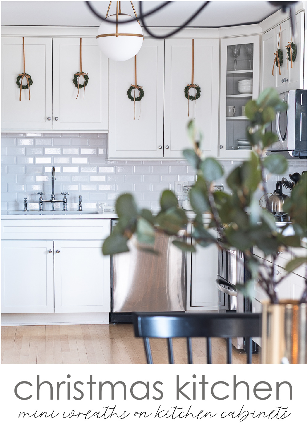 Wreaths on Kitchen Cabinets for Christmas. Decorating the Kitchen for Christmas. Decorating the Kitchen with Mini Wreaths and Velvet Ribbons and Bows.