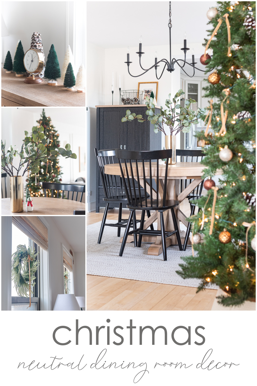 Christmas in the Dining Room. Neutral Christmas with Khaki Velvet Bows, Browns, Burgundies, Gold. Rustic Christmas Tree with Painted Pine Cones, Neutral Light Brown Velvet Ribbons, Gold, Burgundy, Brown Balls.