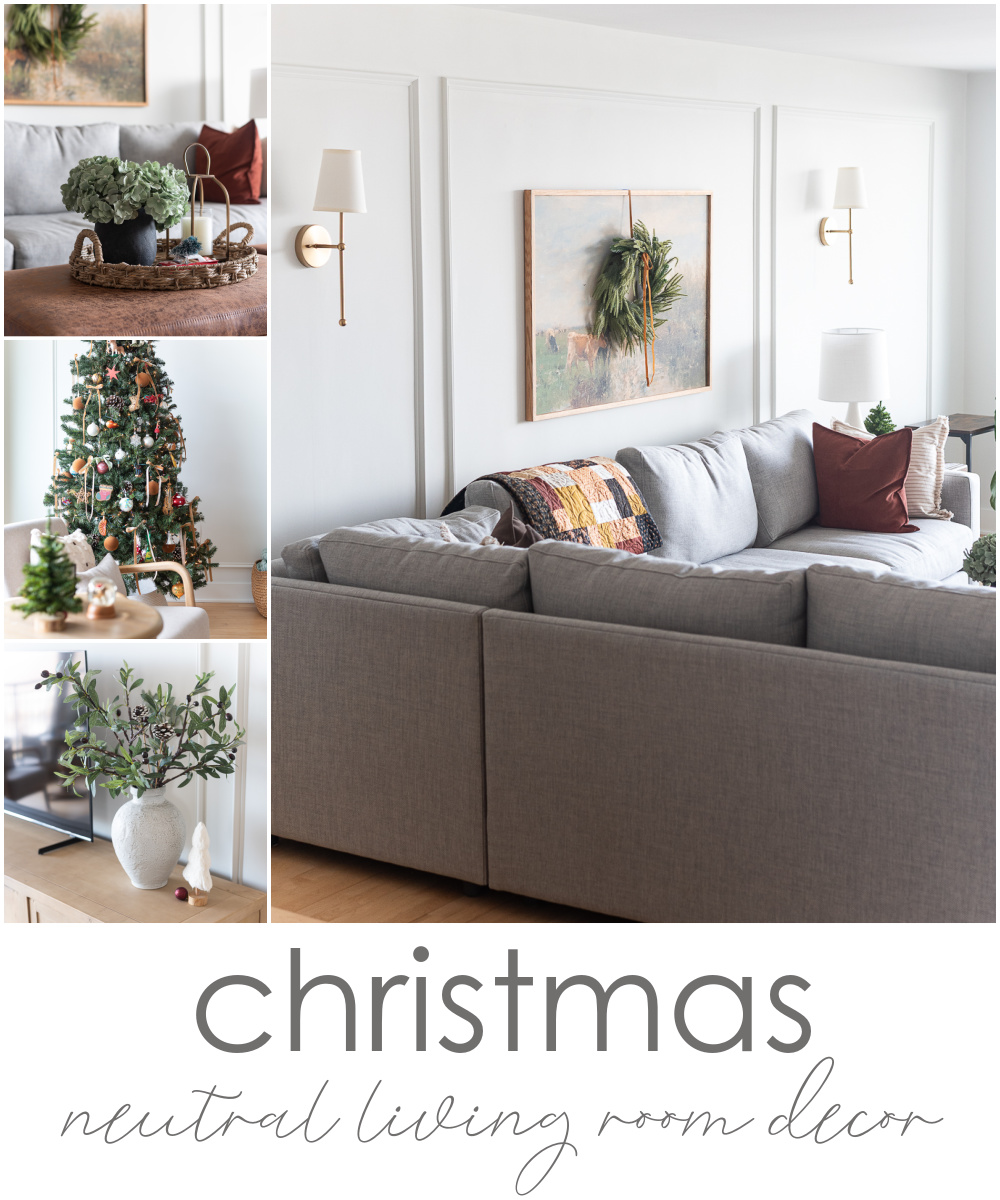 Neutral Christmas Decor in Khaki Velvet, Brown, Burgundy, White & Gold. Christmas in Chicago Condo. Christmas in Living Room Decorating Ideas. Hanging Wreaths on Pictures with thin Velvet Ribbon and Bows. Christmas in Brown, Burgundy, Tan, Khaki, Gold, White.