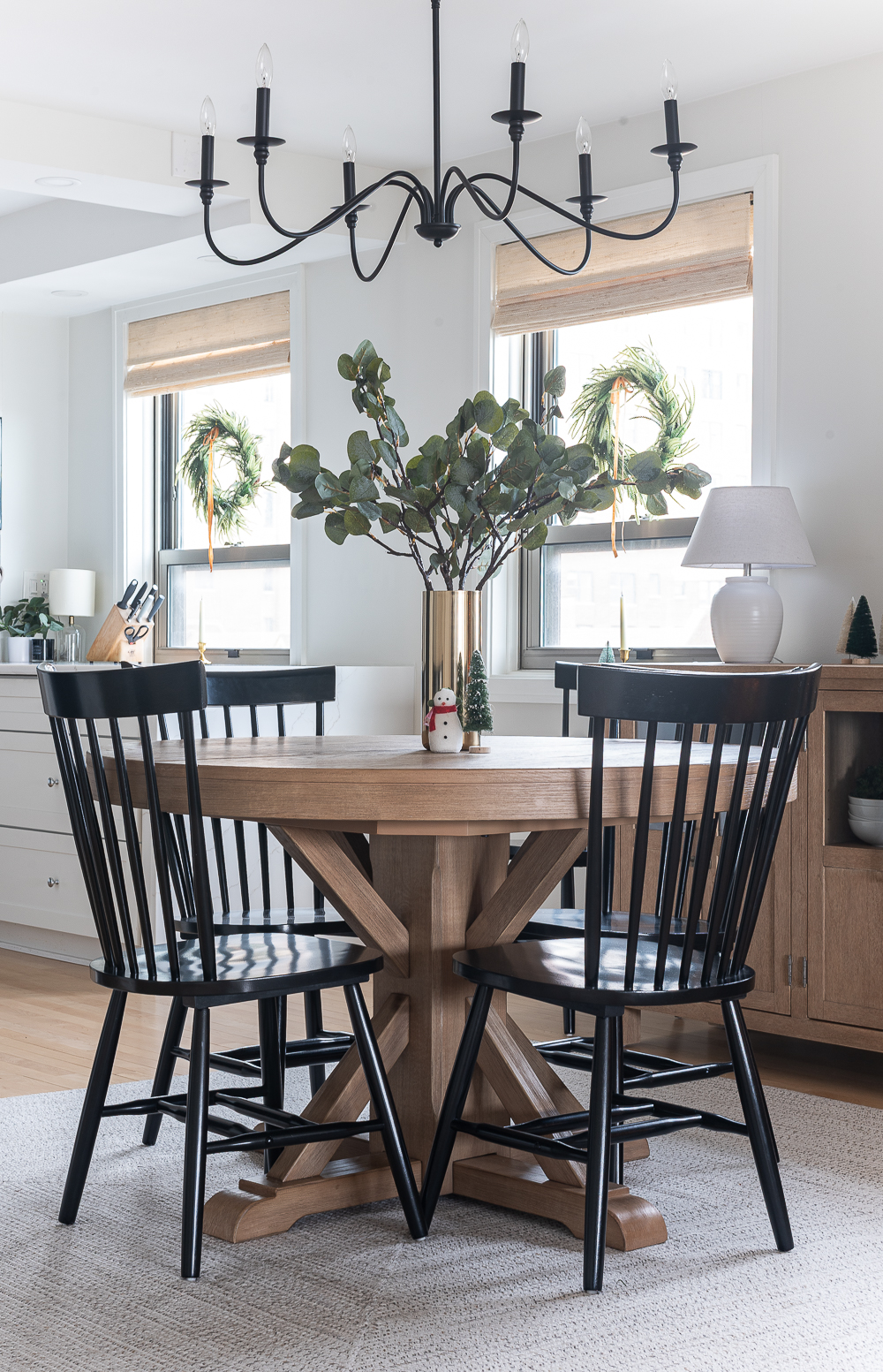 Christmas in the Dining Room. Neutral Christmas with Khaki Velvet Bows, Browns, Burgundies, Gold. Rustic Christmas Tree with Painted Pine Cones, Neutral Light Brown Velvet Ribbons, Gold, Burgundy, Brown Balls.