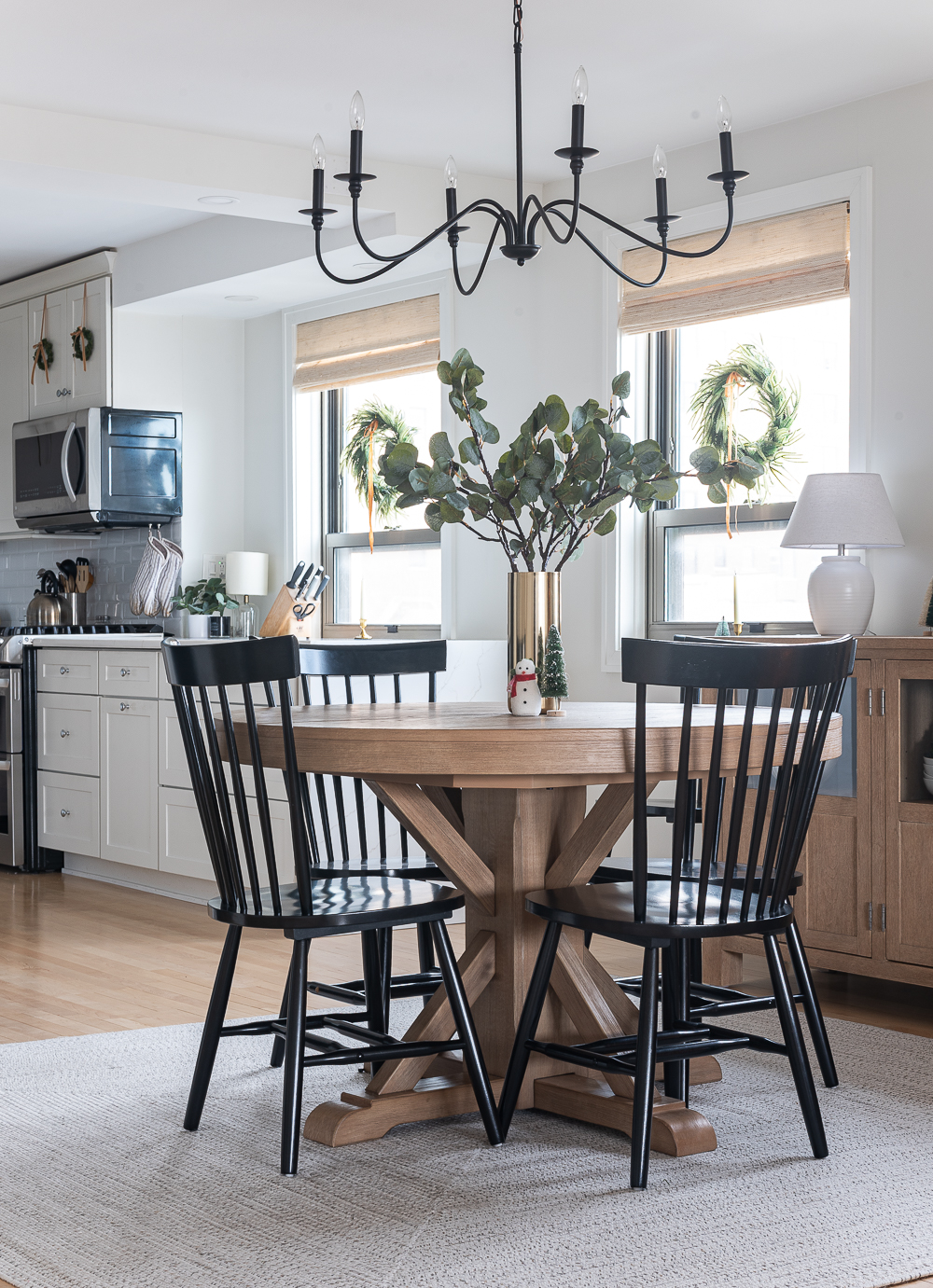 Christmas in the Dining Room. Neutral Christmas with Khaki Velvet Bows, Browns, Burgundies, Gold. Rustic Christmas Tree with Painted Pine Cones, Neutral Light Brown Velvet Ribbons, Gold, Burgundy, Brown Balls.