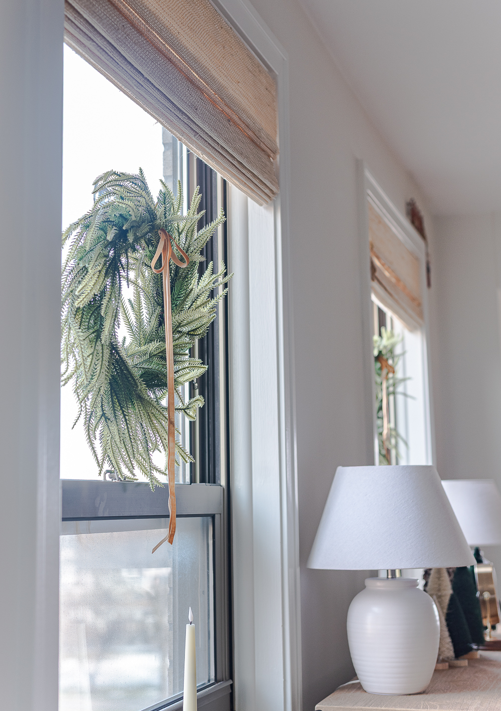 Christmas in the Dining Room. Neutral Christmas with Khaki Velvet Bows, Browns, Burgundies, Gold. Rustic Christmas Tree with Painted Pine Cones, Neutral Light Brown Velvet Ribbons, Gold, Burgundy, Brown Balls.