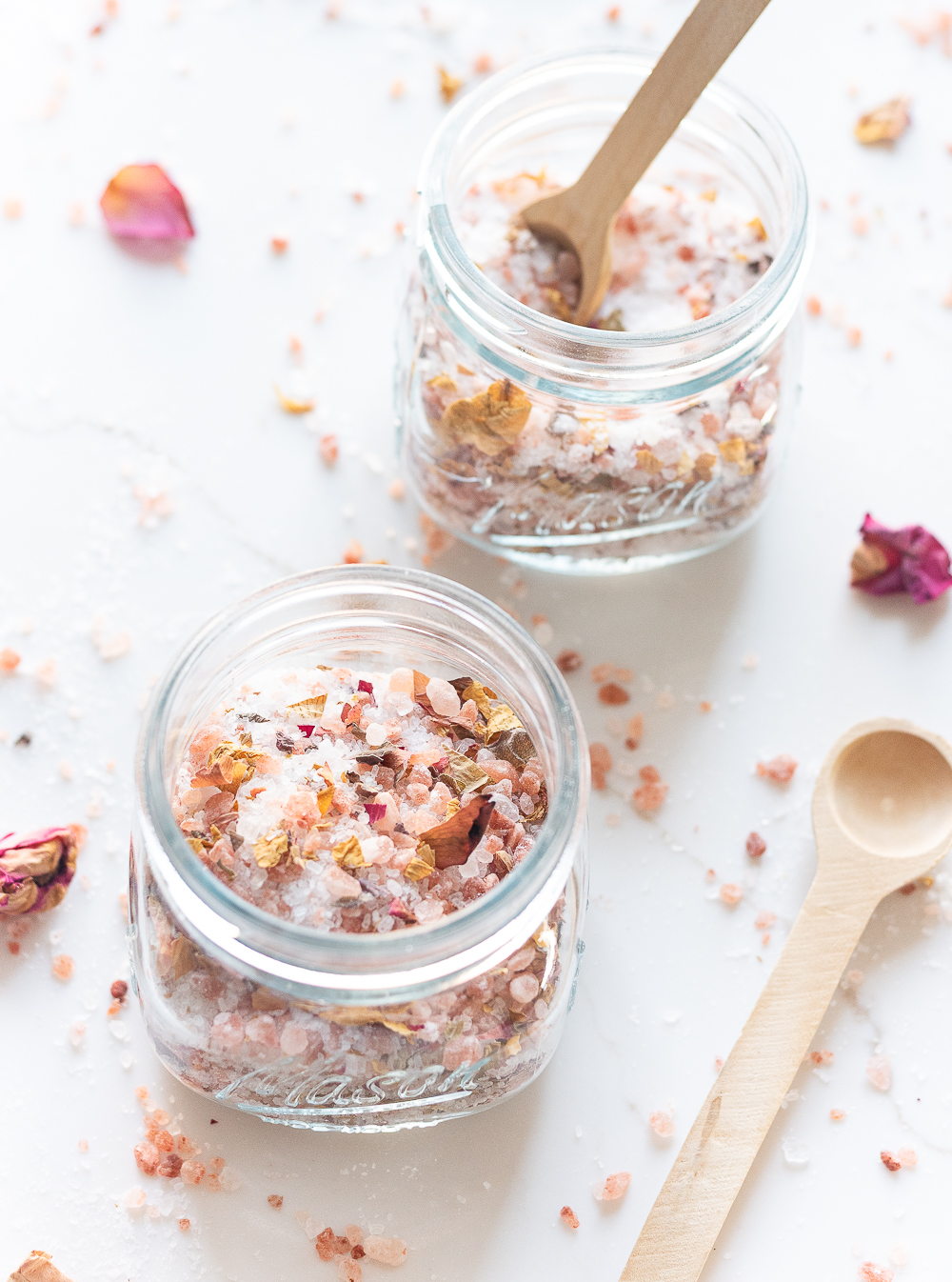 Rose Petal Bath Salts Recipe & Tutorial - Homemade Bath Salts Recipe - Epsom Salt & Pink Himalayan Salt & Rose Petal DIY Bath Salts.