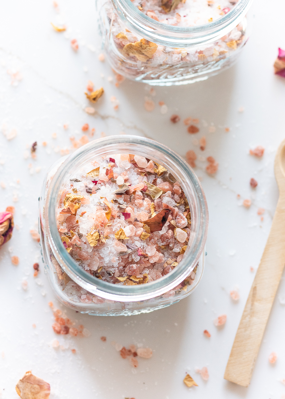 Rose Petal Bath Salts Recipe & Tutorial - Homemade Bath Salts Recipe - Epsom Salt & Pink Himalayan Salt & Rose Petal DIY Bath Salts.
