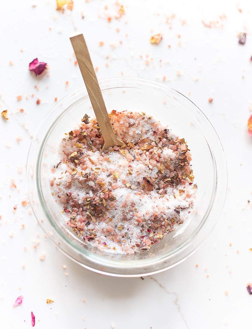 Rose Petal Bath Salts Recipe & Tutorial - Homemade Bath Salts Recipe - Epsom Salt & Pink Himalayan Salt & Rose Petal DIY Bath Salts.