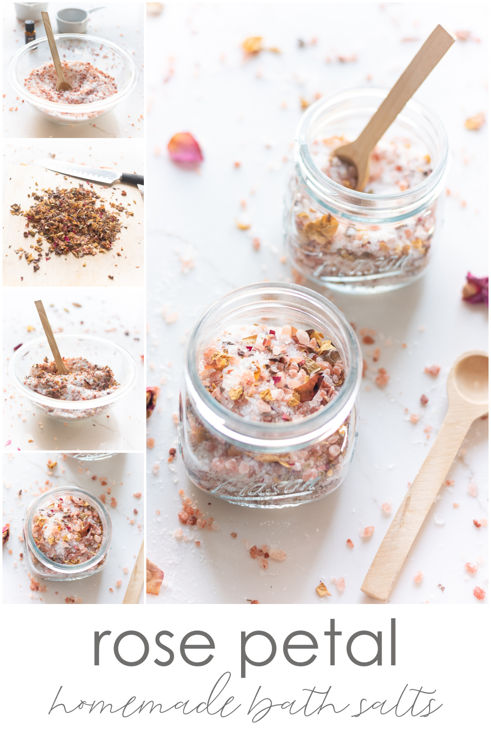 Rose petal bath salts recipe. Epsom salt, Himalayan pink salt, dried rose petal homemade bath salts. DIY bath salts. Bath salts tutorial for Valentine's Day. Rose petal bath salts for Valentines.